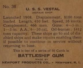 1936 Newport Products Battleship Gum (R20) #38 U.S.S. Vestal Back