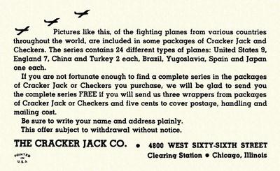 1940 Cracker Jack Fighting Planes (E151) #NNO China: Northrup 8A-1 Back