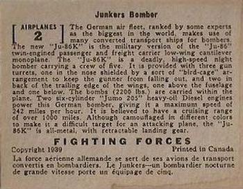 1939 O-Pee-Chee Fighting Forces (V276) #Airplanes 2 Junkers Bomber Back