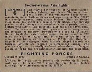 1939 O-Pee-Chee Fighting Forces (V276) #Airplanes 6 Czechoslovakian Avia Fighter Back