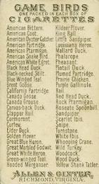 1889 Allen & Ginter Game Birds (N13) #NNO American Snake Bird Back