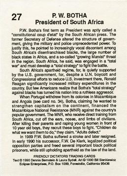 1990 Eclipse Friendly Dictators #27 P.W. Botha Back