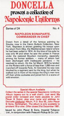 1979 Player's Doncella Napoleonic Uniforms #4 Napoleon Bonaparte, Commander in Chief Back