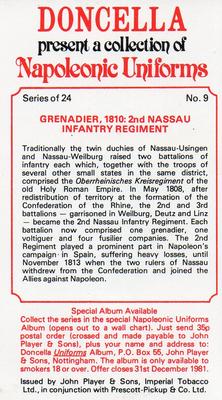1979 Player's Doncella Napoleonic Uniforms #9 Grenadier, 1810: 2nd Nassau Infantry Regiment Back