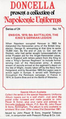 1979 Player's Doncella Napoleonic Uniforms #14 Ensign, 1815: 5th Battalion, The King's German Legion Back