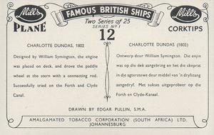 1952 Mills Famous British Ships Series 1 #12 Charlotte Dundas, 1802 Back