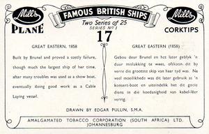1952 Mills Famous British Ships Series 1 #17 Great Eastern, 1858 Back
