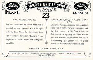 1952 Mills Famous British Ships Series 1 #23 R.M.S. Mauretania, 1907 Back