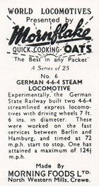 1954 Morning Foods Mornflake Oats World Locomotives #6 German 4-6-4 Steam Locomotive Back