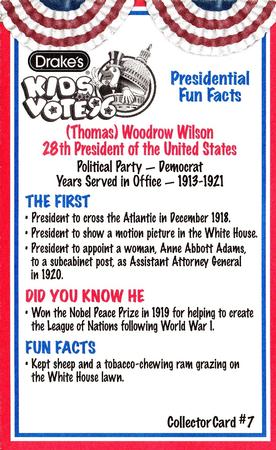 1996 Drake's Kids Vote 96 #7 Woodrow Wilson Back