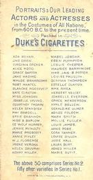 1889 Duke's Actors and Actresses (N71) #NNO Irene Verona Back