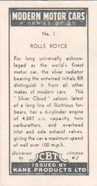 1959 Kane Products Modern Motor Cars #1 Rolls Royce Back