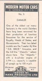 1959 Kane Products Modern Motor Cars #5 Daimler Back