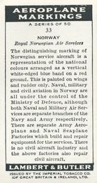 1937 Lambert & Butler's Aeroplane Markings #33 Norway Back