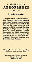 1956 Barbers Tea Aeroplanes (BAN-1) #10 Avro Lancastrian Back