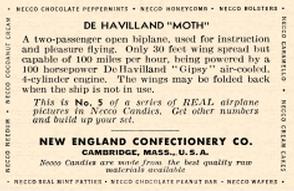 1929 Necco Real Airplane Pictures (E195) #5 de Havilland “Moth” Biplane Back