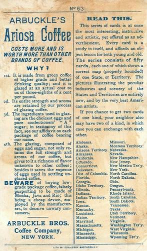 1889 Arbuckle's Coffee Illustrated Atlas of U.S. (K6) #63 Michigan Back