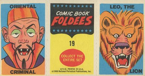 1966 Topps Comic Book Foldees #19 Gold, the Metal Man / Oriental Criminal / Leo, the Lion Back