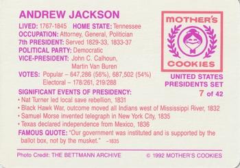 1992 Mother's Cookies U.S. Presidents #7 Andrew Jackson Back