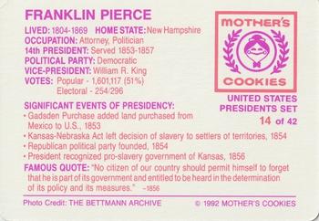 1992 Mother's Cookies U.S. Presidents #14 Franklin Pierce Back