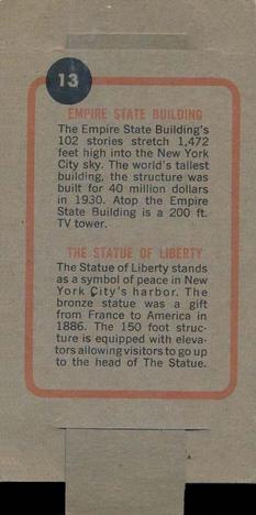 1965 Topps Push Pull #13 Empire State Building / The Statue of Liberty Back