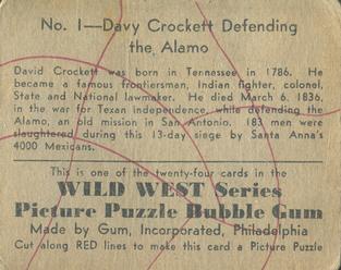1933 Gum Inc. Wild West Series (R172) #1 Davy Crockett Defending The Alamo Back