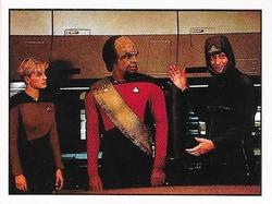 1987 Panini Star Trek: The Next Generation Stickers #14 Yar, Worf and Q, in 21st Century military uniform Front