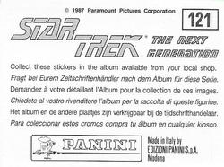 1987 Panini Star Trek: The Next Generation Stickers #121 Riker and Troi watching Kosinski and the Traveler beam aboard Back