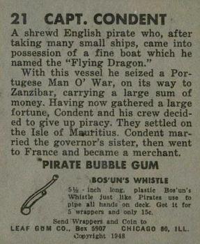1948 Leaf Pirates #21 Captain Condent Back