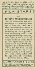 1934 Player's Film Stars #48 Johnny Weissmuller Back