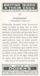 1939 Ogden's British Birds and Their Eggs #27 Pheasant Back