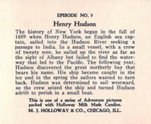 1930-39 M.J. Holloway & Co. Adventure Pictures (R2) #5 Henry Hudson Back