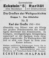 1934 Eckstein-Halpaus Die Grossen der Weltgeschichte (The Greats of World History) #1 Karl der Grosse Back