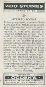 1937 Ogden's Zoo Studies #20 Striped Hyena Back
