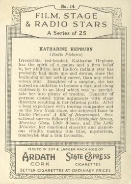 1935 Ardath Film, Stage and Radio Stars (Large) #14 Katharine Hepburn Back