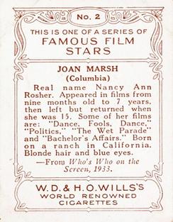 1933 Wills's Famous Film Stars (Medium Size) #2 Joan Marsh Back