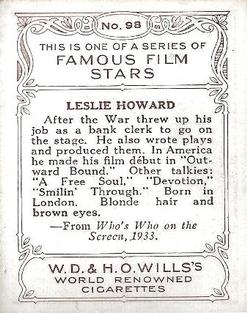 1933 Wills's Famous Film Stars (Medium Size) #98 Leslie Howard Back