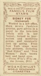 1933 Wills's Famous Film Stars (Small Images) #33 Sidney Fox Back
