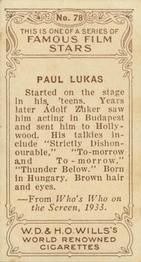 1933 Wills's Famous Film Stars (Small Images) #78 Paul Lukas Back