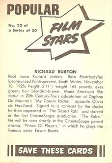 1955 Cereal Foods Popular Film Stars (Australian) #22 Richard Burton Back