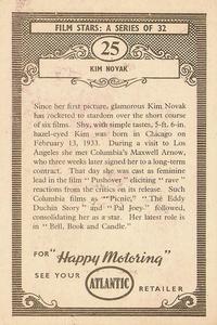 1958 Atlantic Petroleum Picture Pageant Film Stars #25 Kim Novak Back