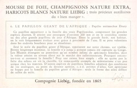 1956 Liebig Insectes geants de Congo Belge (Large Insects of the Belgian Congo) (French Text) (F1644, S1644) #6 Le Papillon geant de l'Afrique : Papilio antimachus Drury Back
