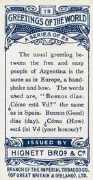 1907 Hignett's Cigarettes Greetings of the World #13 Argentina Back