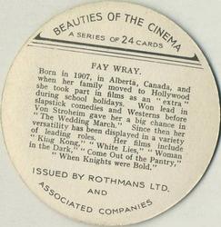 1939 Rothmans Beauties of the Cinema (Round) #NNO Fay Wray Back