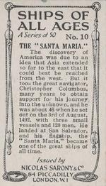 1929 Nicolas Sarony & Co. Ships of All Ages (Small) #10 Santa Maria Back