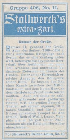 1908 Stollwerck Album 10 Gruppe 406 Beruhmte agyptische und assyrische Herrscher (Famous Egyptian and Assyrian Rulers)  #II Ramses der Grosse Back