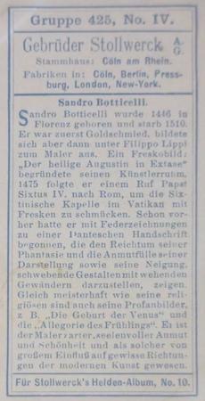 1908 Stollwerck Album 10 Gruppe 425 Alte italienische Meister (Old Italian Masters)  #IV Sandro Botticelli Back