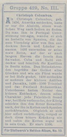 1908 Stollwerck Album 10 Gruppe 429 Entdecker und Eroberer (Explorers and Conquerors)  #III Christoph Columbus Back