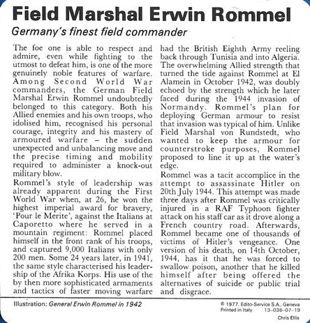 1977 Edito-Service World War II - Deck 07 #13-036-07-19 Field Marshal Erwin Rommel Back