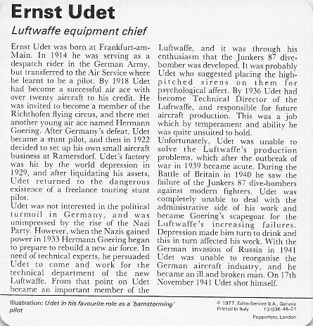 1977 Edito-Service World War II - Deck 46 #13-036-46-21 Ernst Udet Back